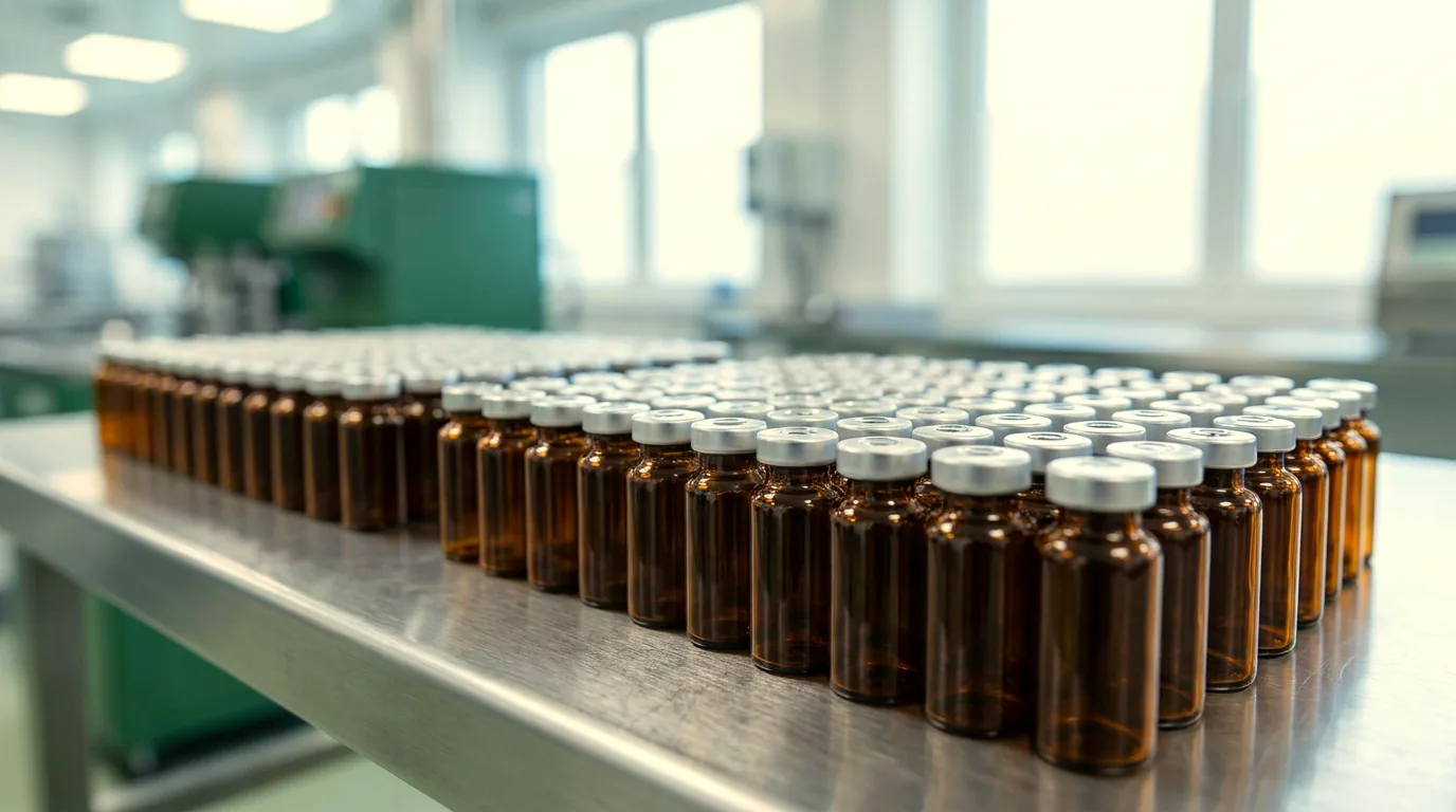 Rows of amber pharmaceutical vials on a stainless filling line